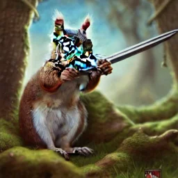 highly detailed and realistic squirrel, dressed as a medival soilder with sword and shield, guarding his nuts high detail, realism, vibrant colours, graffiti accents, complementary colours, splash art, perfect composition, beautiful detailed intricate insanely detailed octane render trending on artstation, 8 k artistic photography, photorealistic concept art, soft natural volumetric cinematic perfect light, chiaroscuro, award - winning photograph, masterpiece, oil on canvas, raphael, caravaggio