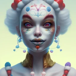 Ultra detailed very beautiful smileing cute clown girl,beautiful real skin, red nose, shallow of dept 3d, symmetrical, ultra detailed curl hair, accent lighting, ultra detailed face, concept art, circus,party, digital painting, octane render, art by artstation