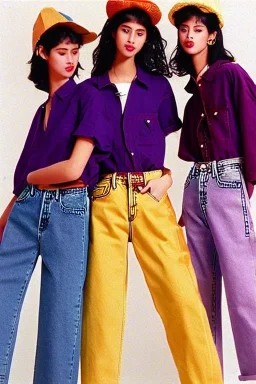 year 1996 denim fashion. Loose fit, low waist. Colors: denim blue, blue, purple, khaki, light green, lilac, plum, orange, terracotta, red, light yellow, lion yellow, pink, dark blue, beige. Women models.