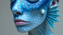 Prótesis facial de criatura marina mística, escamas de silicona iridiscentes integradas perfectamente en la mandíbula y el cuello, branquias laterales detalladas, perlas incrustadas alrededor de los ojos y una paleta de colores azul cobalto y espuma de mar.