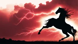 full silhouette of a horse rearing up(on left side, outlined by lighting), red sky, lightning bolts(from top to bottom left), in the speed force