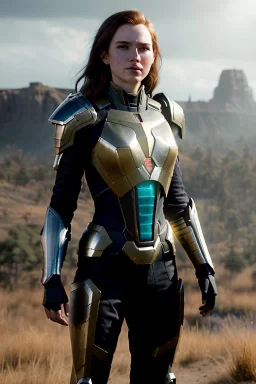 ultrarealistic, panoramic, concept art, strikingly beautiful (18 year old girl:1.2),_skimpy sci-fi armor_, Hair (long ginger:1.1), Face (freckles:1.2), body, medium breasts (light cleavage:1.2), tracing, ambient light, highres, (hyperrealistic:1.2), (perfect face:1.1), intricate (high detail:1.1) body, beautiful detailed eyes (emerald:1.3), _camera_, plump lips ,sci-fi theme, Model hash: ddc3021b