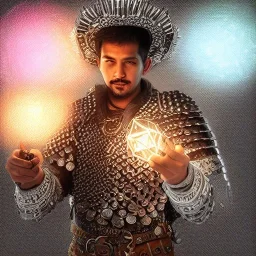 Insanely detailed photograph of a D&D chainmail warrior “male mariachi holding glowing D20” with intricate detailed Sombrero, intricate charo, hyperdetailed painting by Ismail Inceoglu Huang Guangjian and Dan Witz CGSociety ZBrush Central fantasy art album cover art,8K, hdr, mysterious, flickeringlights ,Stoic