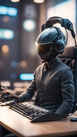 head set helmet rig with chair and with keyboard attached ,bokeh like f/0.8, tilt-shift lens 8k, high detail, smooth render, down-light, unreal engine, prize winning