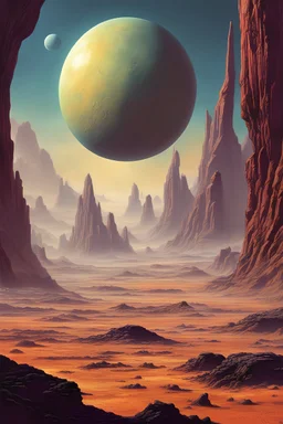 70s scifi art, alien planet, fantasy, ancient worlds