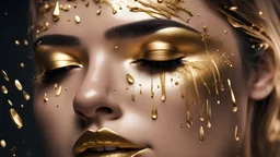 Woman, closed eyes, tears, mascara running, gold, high detail, high resolution, 8K