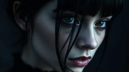 female face collage, around 28 years old, dark hair, non-model face, close-up female portrait, abstract face, surreal vibe, oblique plane, goth style, pale face, dark eyes, reflection in her eye, suggestive image, dark mode, only dark colors, black, dark purple, dark gray, silver, dark blue, blurred dark background, 16:9 size, artistic, dark night, creepy vibe, goth mood, black raven, dark colors, shadow, mystic theme