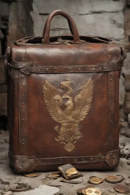 in the BASEMENT there is an old, broken brown oblong leather chest with short handles, from which gold coins from the time of Catherine the Great fall out. The ancient coat of arms of tsarist Russia, the double-headed eagle, is BARELY VISIBLE on the bag. There are a lot of broken bricks and earth around the bag. All in high quality 8K