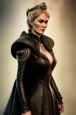 Cersei Lannister as evil queen in black leather coat, busty, cleavage, voluptuous, lena headay, angry, stern look. character design by cory loftis, fenghua zhong, ryohei hase, ismail inceoglu and ruan jia. unreal engine 5, artistic lighting, highly detailed, photorealistic, fantasy