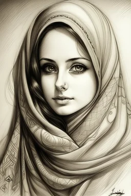 Draw me a picture of my beloved Mays, with beautiful big brown eyes, wearing her hijab, and with smooth, white skin