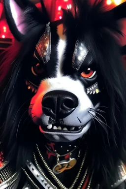 little dog , with the same make-up of the demon from the band KISS ,