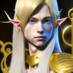 Beautiful and androgynous male elf with long blonde hair dressed in gold, Anime Key Visual, by Kentaro Miura, Deep Color, Intricate, 8k resolution concept art, Natural Lighting, Beautiful Composition head and shoulders portrait, 8k resolution concept art portrait by Kentaro Miura, Artgerm, WLOP, Alphonse Mucha dynamic lighting hyperdetailed intricately detailed Splash art"