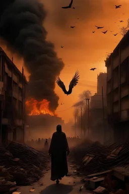 The angel of death passes over New Delhi and drops fire from the sky on a fleeing population cinematic surreal