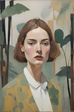 Maria Lassing-Euan Uglow oil painting wanderlast woman face fashion in a abstract jungle