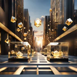 array of crystal cubes and golden sphers, which reflects the modern city environment in modern city escape , transforms into array of crystal cubes.