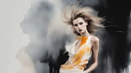 A beautiful danish female fashion model posing in a atonishing movement. a natural, blurry, ABSTRACT Dissolving esvanescence, elegant, stylish, Ralph Steadman fashion drawing style. Tom Ford, Isabel Marant, Raf Simons outfit, voluminous modern new wave hair style, natural makeup. A combination of shape, color and form and volume, that pleases the aesthetic senses, innovation and experimentation, dream and fantasy, surprise. --ar 4:5 --s 250