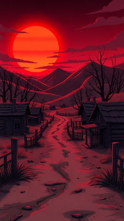 Abandoned cartoon village under blood-red sunset, broken fences, empty cabins, eerie wind bending shadows, VHS distortion, muted colors with neon accents, 9:16