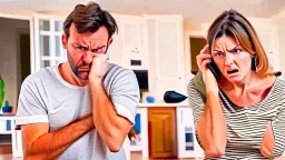 man at home angry on phone a lady stands behind him