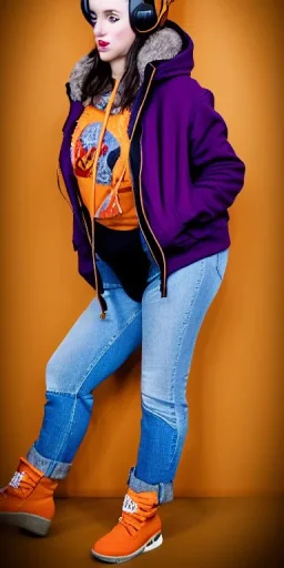 Brunette woman.thick thighs,thick calves,normal bodytype. big head. Mantle is sewed of upcycled Denim and sewed together of camouflage pieces. Colors are orange,red, cream and purple and various denim colors. It is with big bright purple felt tippet and cream-colored-hood. mantle is merged with satchel, ochre. AKG-style headphones (gold rings!) is merged with small felt cap with visor. Style: Haute Couture in 1950's, N.Y.C fashion in 2024, inspired by street art. Cream latex gaiter. Tennis shoes