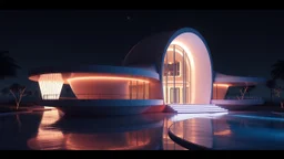 mysterious retrofuturistic house, designed by santiago calatrava and zaha hadid industrial design by oscar niemeyer, in the style of frank lloyd wright, octane render, raytraced, 4k, glowing lights, ray tracing, volumetric, vivid color, unreal engine, trending on