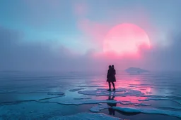 splash screen, alien landscape with a couple , iced lake, fog, cold colors, metallic tones, scifi style, fade colors, utopistic vibe