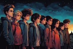 whimsical stylized illustration of young people with big eyes, tiny nose, tiny mouth and messy hair in complementer colors cloths, they stand in line on a high rooftop, surreal, thriller mood, smooth blending, extremely detailed, realistic textures, lights and shadows, cinematic, dark mood