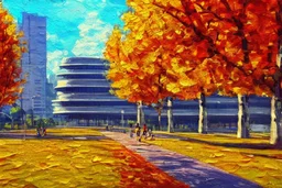 Sunny Day, futuristic buildings near the autumn trees, highway, sci-fi, impressionism painting