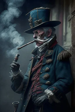 70 years old victorian bloodborne soldier with a musket and smoking a cigarette