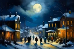 oil paint, people walking at night on a snowy village street, night lights, smoke from houses fire places, colours, trees without leaves, moon behind the clouds, extra ordinary details