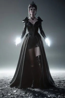 Young Sandra Bullock as evil queen in black leather gown, angry, busty, curvey, cleavage, unreal 5, octane render,cinema4d, dynamic lighting, dramatic lighting, 4k, redshift render, highly detailed, hyper realistic