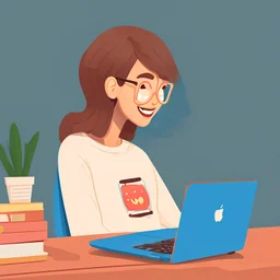 An illustration of a person working in front of a laptop with a happy face and having a good time