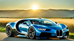 A sleek (((a fusion of bmw and bugatti chiron))), its glossy shell reflecting the (((bright sun))), cutting through a (((clear bright blue morning sky)))