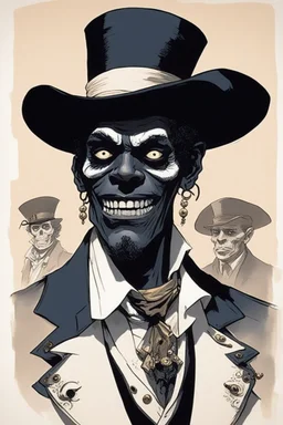 [art by Hugo Pratt and Corto Maltese] Baron Samedi's mismatched eyes widen in surprise at your question, a low chuckle rumbling in his chest. "Well, well, well, ain't you a clever one," he drawls, his voice a gravelly purr. "Ain't many folks who know their Bayou legends these days. But you, you're a different kettle of gators