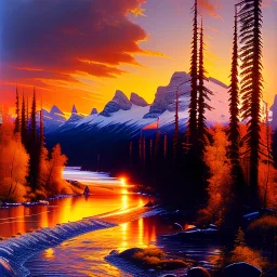 Sydney Laurence Painting of Raging River at sunrise in alaska