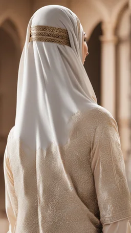 A Muslim woman in Arabic dress with her back to the screen