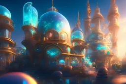 a magical mythic city where all the buildings are constructed of stained glass in the style of Alfons Mucha, existing in another dimension, HD 4K, photo-realistic, scientific detail, professional photography, cinematic lighting