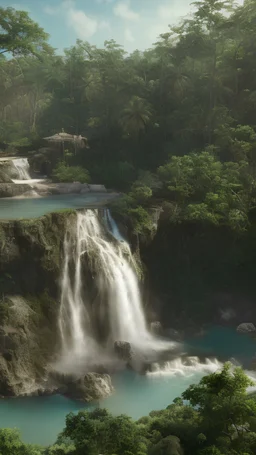 Generate an image of the iconic Dunn's River Falls, with visitors climbing the cascading waterfalls amidst lush greenery.