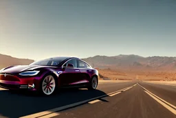 A Tesla 'Model S' is drifting at high speeds, in the Mojave Desert. (CINEMATIC, WIDE ANGLE LENS, PHOTO REAL)