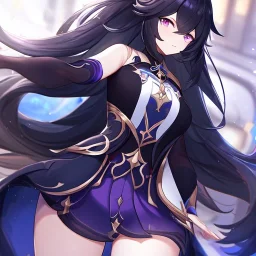 Clear focus,High resolution, Black long fluffy hair, and purple eyes, wearing a Genshin Impact Inspired Outfit,Detailed Clothes, must wear a short skirt,