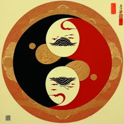 Ukiyo-e styled art, yin and yang sign, mountains and sun