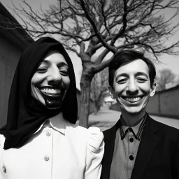 foto Ilford surreale di 2 persone con nasi grandi e sorrisi enormi, dettagli dei vestiti molto accentuati, misterioso, tenebroso, marcio, macabro, street, aria aperta, albero secco, fiotti di liquido nero, minimalist, Splop style, strangeness, sundial light, intricate, hypnotic, obsessive, 8k, deep 3d field, very accentuated details of the dress and skin, eerily mysterious, artistic photo, shot on Hasselblad