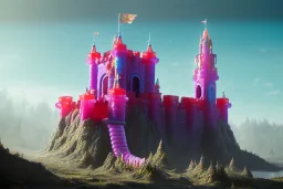 Colorful Gummyworm castle on a sunny summer day, high contrast, no fog