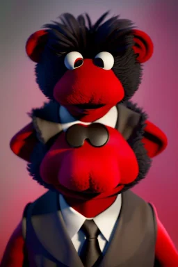 Waist up muppet Portrait, Kim Jong-un muppet doll, black suit, photo studio, red background, unreal engine 5, concept art, art station, god lights, ray tracing, RTX, lumen lighting, ultra detail, volumetric lighting, 3d.