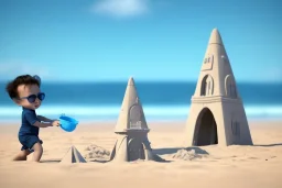 Toddler Elon Musk building a tall skinny space rocketShip sand castle on the beach, Blue shovel, plastic bucket, sunglass