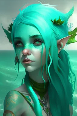 Turquoise sea elf with green hair female