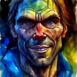 dnd, fantasy, watercolour, large strokes, stylistic, portrait, face in frame fully, illustration, very dull black grey colours, male, face, sturdy wide face, weathered face, sly, violent, evil, ruthless, vicious, smiling