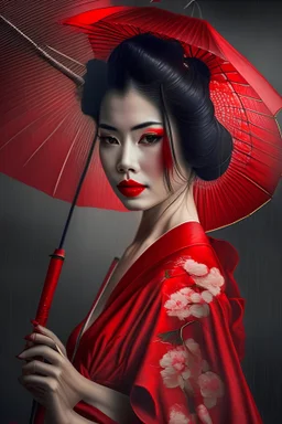 Create a realistic image of a beautiful geisha girl looking to the side dressed in red with a fan in her hand Create a realistic image of a beautiful geisha girl looking to the side dressed in red with an umbrella in her hand