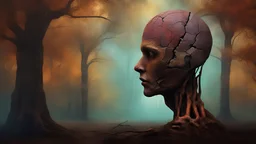 Skin bones stone face, dystopian environment, a forest can be seen through a hole in the side of the head, cracks and peeling in the face, a brain from another time, a divided mind, a portal to the distant future. Deep contrasting colors. Surrealism and abstraction by Valentine Penrose