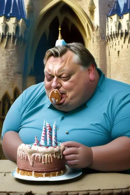 fat viktor orban eating birthday cake in a castle