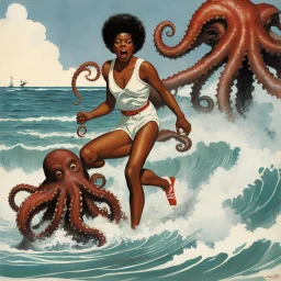 [high res photo by Norman Rockwell] In a vintage beach photo, a scared Afro-American lifeguard in a classic redcross swimsuit is grabbed by a terrifying octopus monster emerging from the waves. Her expression of shock and fear is frozen in time as the monstrous creature's tentacles wrap around her. The juxtaposition of the retro setting and surreal horror creates a spine-tingling scene of eerie nostalgia. Despite the absurdity, the lifeguard's bravery shines through as she faces off against the